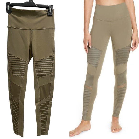 ALO Yoga Pants - Alo Yoga High-waist Airlift Moto Legging Mesh details In Olive Branch Size S